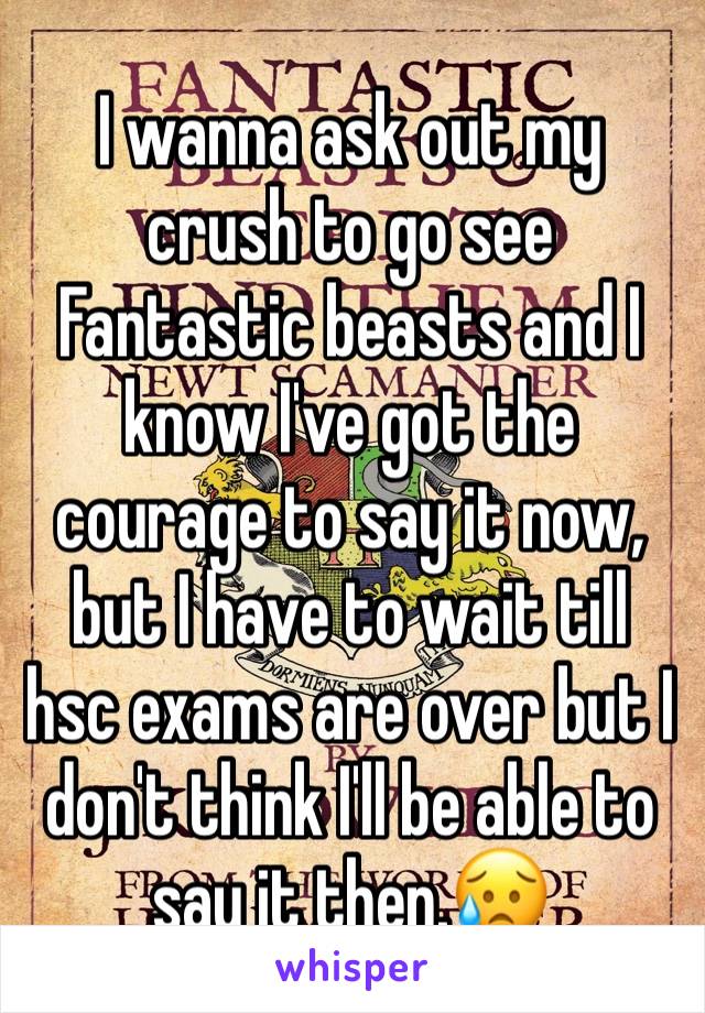 I wanna ask out my crush to go see Fantastic beasts and I know I've got the courage to say it now, but I have to wait till hsc exams are over but I don't think I'll be able to say it then.😥