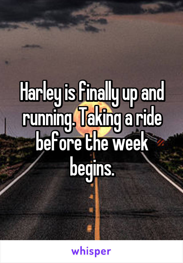 Harley is finally up and running. Taking a ride before the week begins.