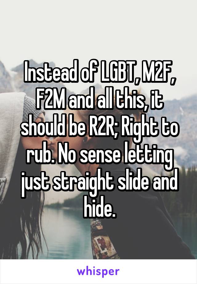 Instead of LGBT, M2F, F2M and all this, it should be R2R; Right to rub. No sense letting just straight slide and hide.