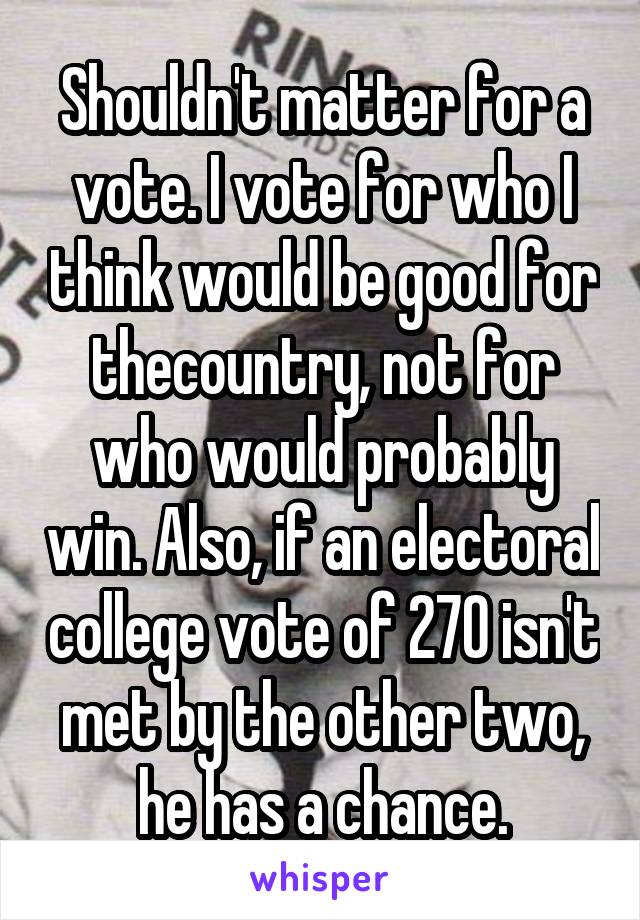 Shouldn't matter for a vote. I vote for who I think would be good for thecountry, not for who would probably win. Also, if an electoral college vote of 270 isn't met by the other two, he has a chance.