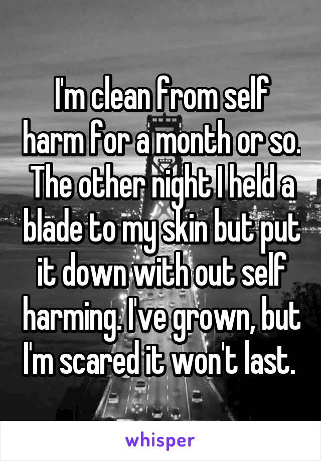 I'm clean from self harm for a month or so. The other night I held a blade to my skin but put it down with out self harming. I've grown, but I'm scared it won't last. 
