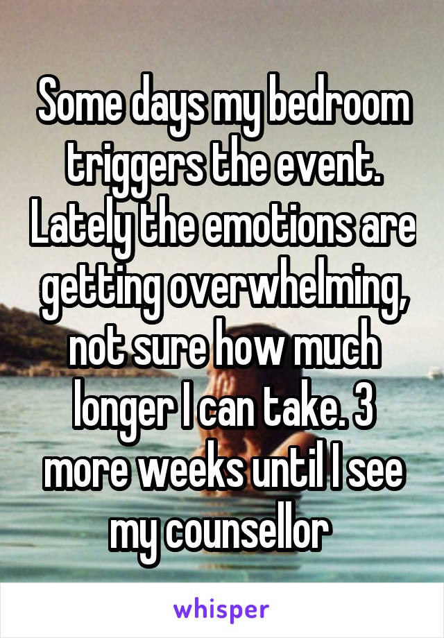Some days my bedroom triggers the event. Lately the emotions are getting overwhelming, not sure how much longer I can take. 3 more weeks until I see my counsellor 