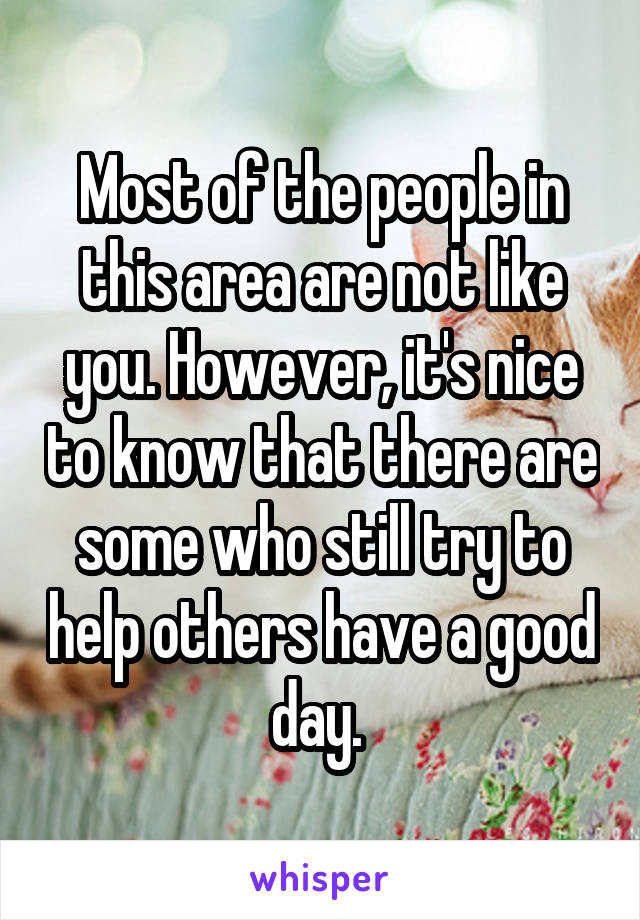 Most of the people in this area are not like you. However, it's nice to know that there are some who still try to help others have a good day. 