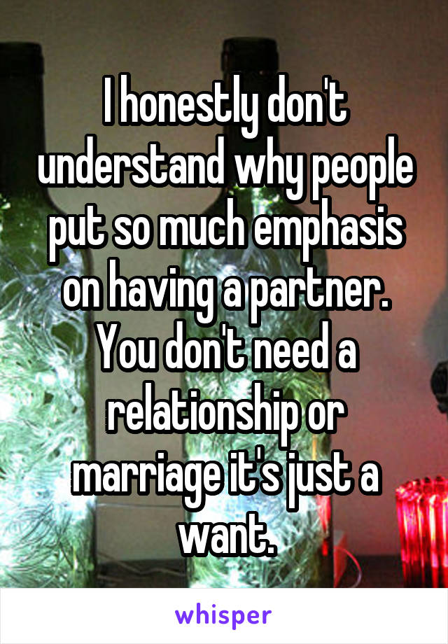 I honestly don't understand why people put so much emphasis on having a partner. You don't need a relationship or marriage it's just a want.