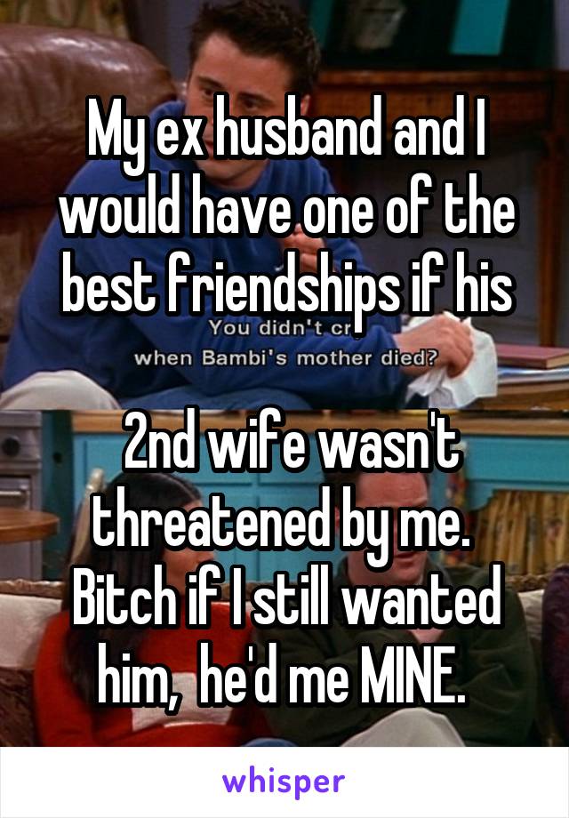 My ex husband and I would have one of the best friendships if his

 2nd wife wasn't threatened by me.  Bitch if I still wanted him,  he'd me MINE. 