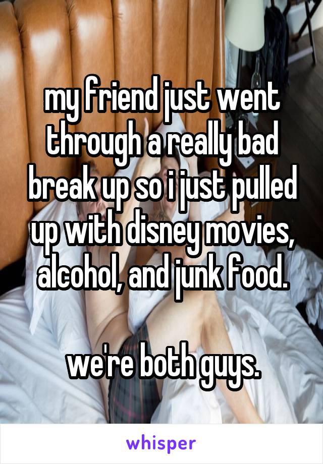 my friend just went through a really bad break up so i just pulled up with disney movies, alcohol, and junk food.

we're both guys.
