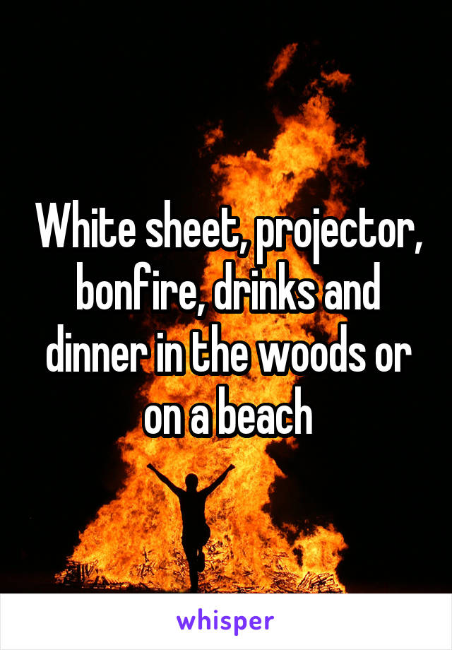 White sheet, projector, bonfire, drinks and dinner in the woods or on a beach