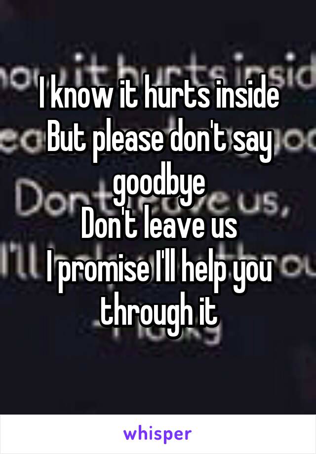 I know it hurts inside
But please don't say goodbye
Don't leave us
I promise I'll help you through it
