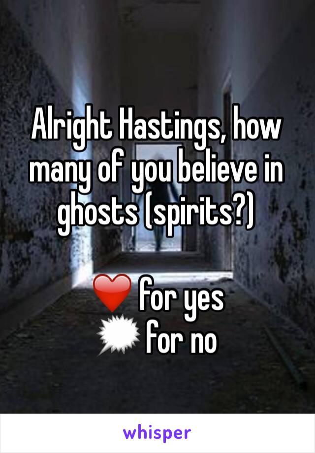 Alright Hastings, how many of you believe in ghosts (spirits?)

❤️ for yes
🗯 for no