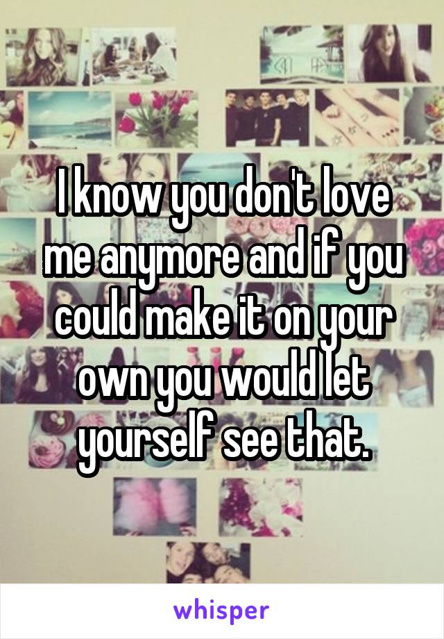 I know you don't love me anymore and if you could make it on your own you would let yourself see that.