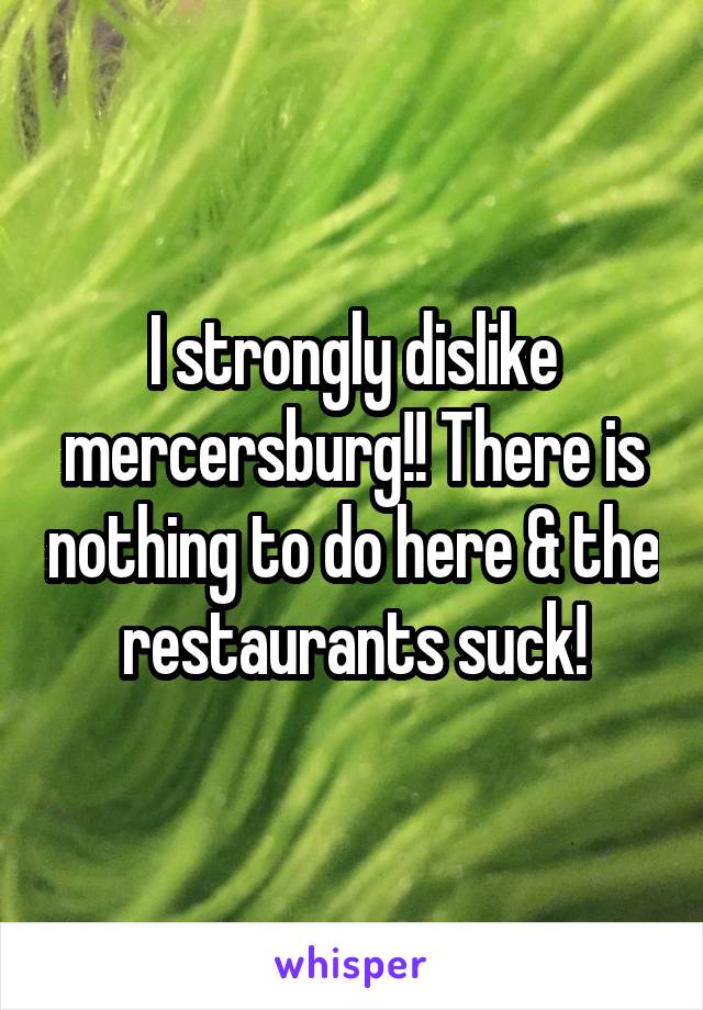 I strongly dislike mercersburg!! There is nothing to do here & the restaurants suck!