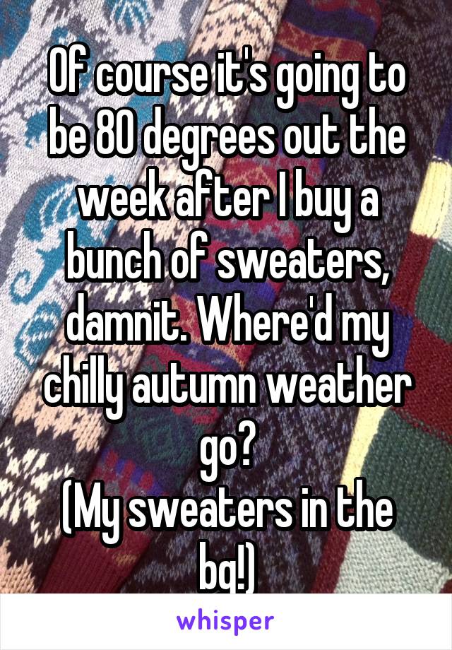 Of course it's going to be 80 degrees out the week after I buy a bunch of sweaters, damnit. Where'd my chilly autumn weather go?
(My sweaters in the bg!)