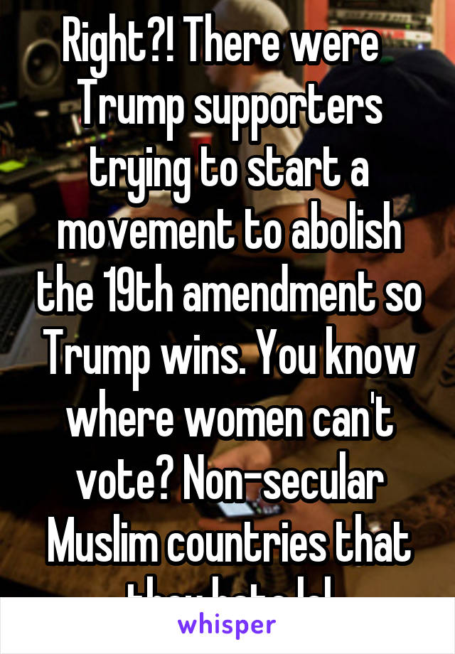 Right?! There were   Trump supporters trying to start a movement to abolish the 19th amendment so Trump wins. You know where women can't vote? Non-secular Muslim countries that they hate lol