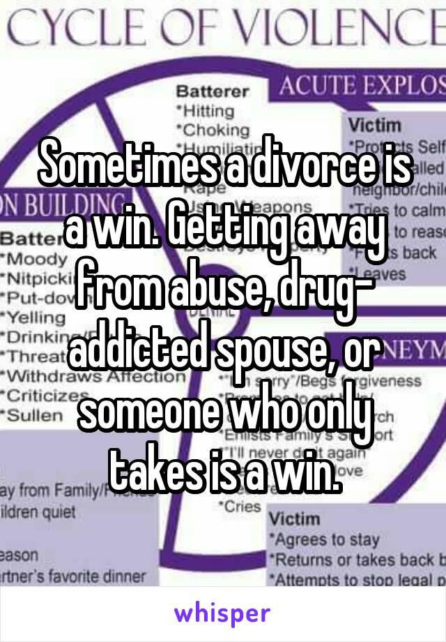 Sometimes a divorce is a win. Getting away from abuse, drug- addicted spouse, or someone who only takes is a win.