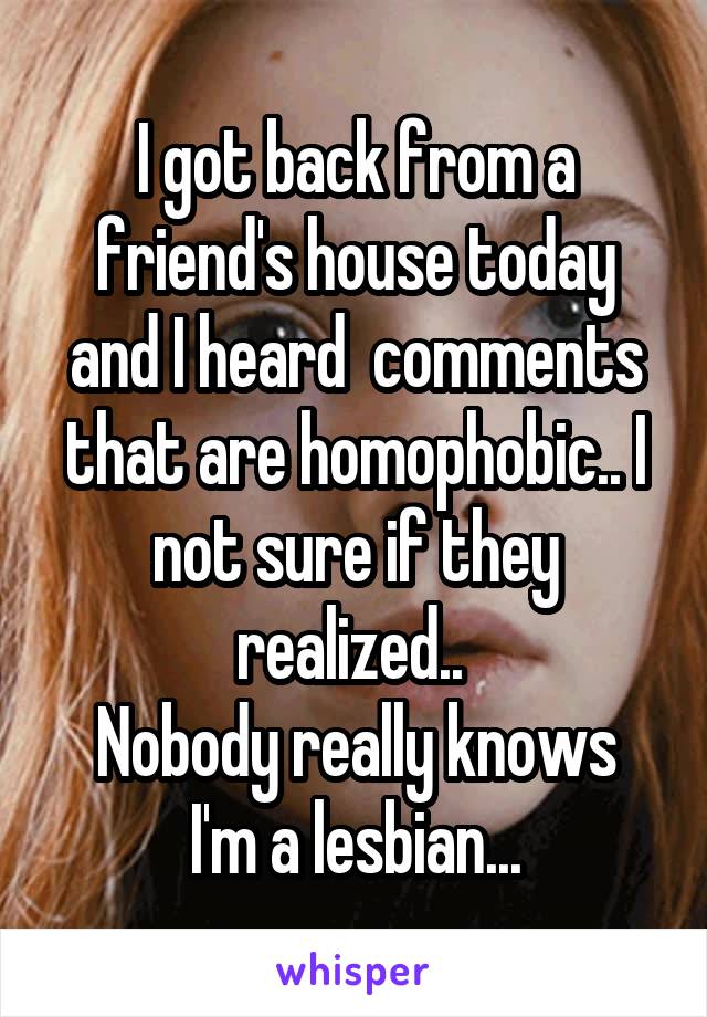 I got back from a friend's house today and I heard  comments that are homophobic.. I not sure if they realized.. 
Nobody really knows I'm a lesbian...