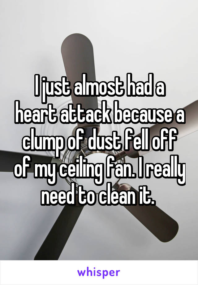 I just almost had a heart attack because a clump of dust fell off of my ceiling fan. I really need to clean it. 