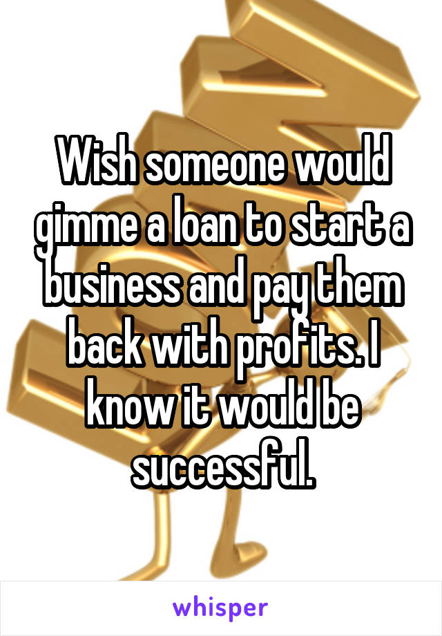 Wish someone would gimme a loan to start a business and pay them back with profits. I know it would be successful.