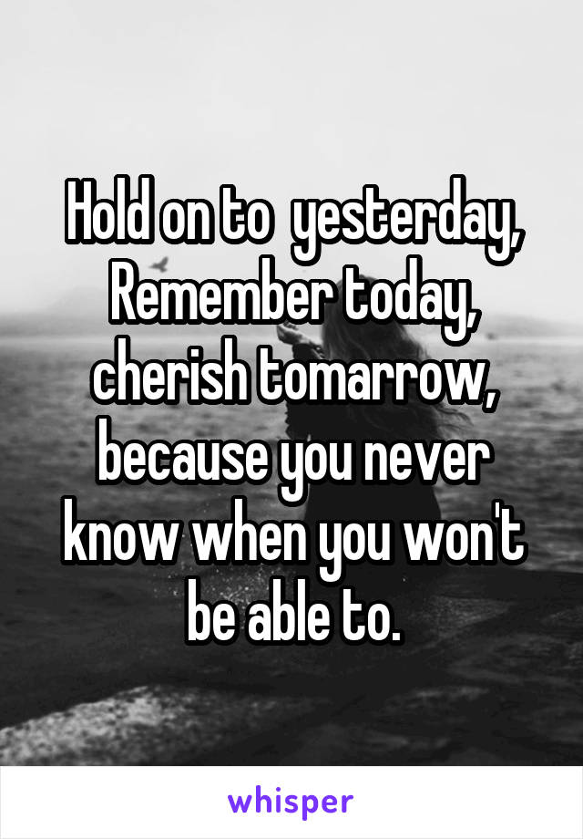 Hold on to  yesterday, Remember today, cherish tomarrow, because you never know when you won't be able to.