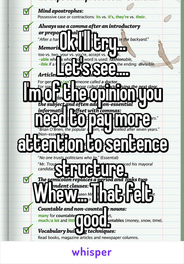 Ok I'll try...
Let's see....
I'm of the opinion you need to pay more attention to sentence structure. 
Whew... That felt good.