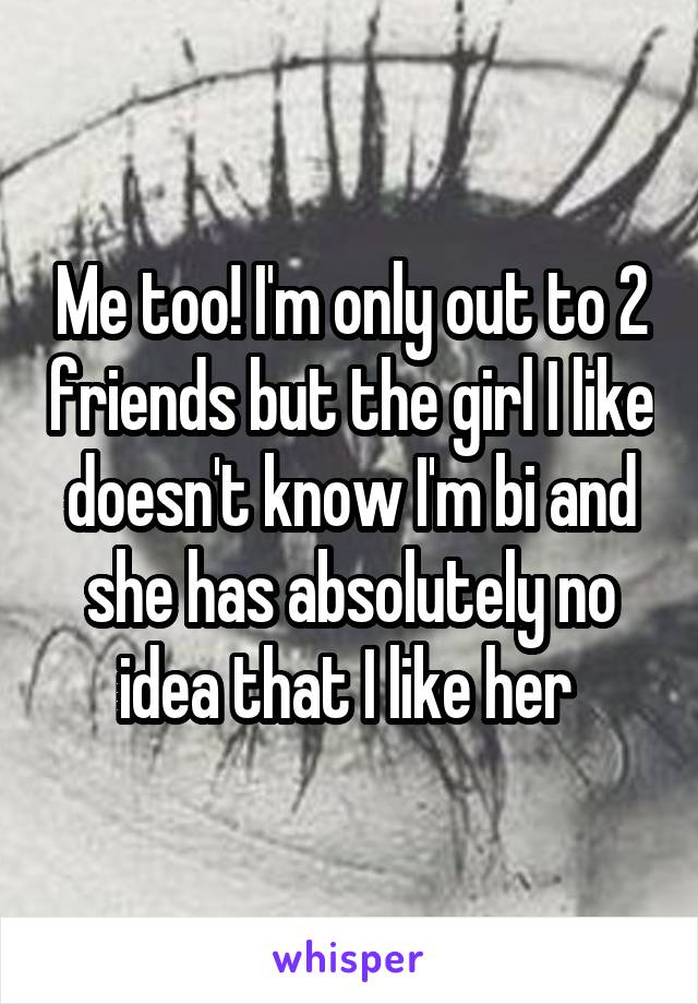 Me too! I'm only out to 2 friends but the girl I like doesn't know I'm bi and she has absolutely no idea that I like her 