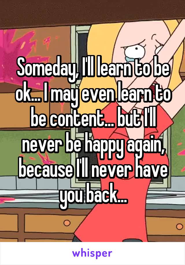 Someday, I'll learn to be ok... I may even learn to be content... but I'll never be happy again, because I'll never have you back...