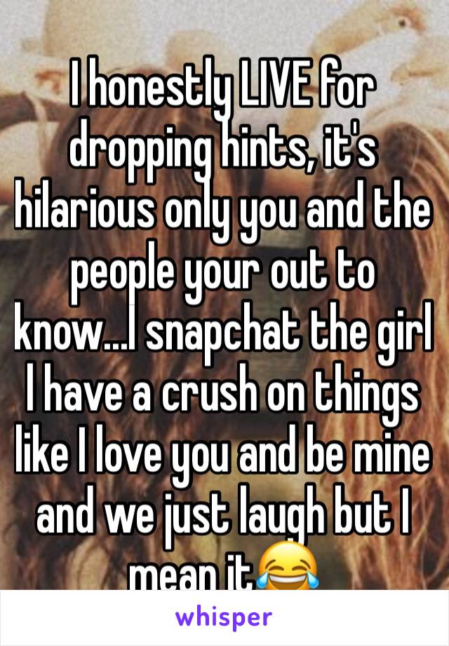 I honestly LIVE for dropping hints, it's hilarious only you and the people your out to know...I snapchat the girl l have a crush on things like I love you and be mine and we just laugh but I mean it😂