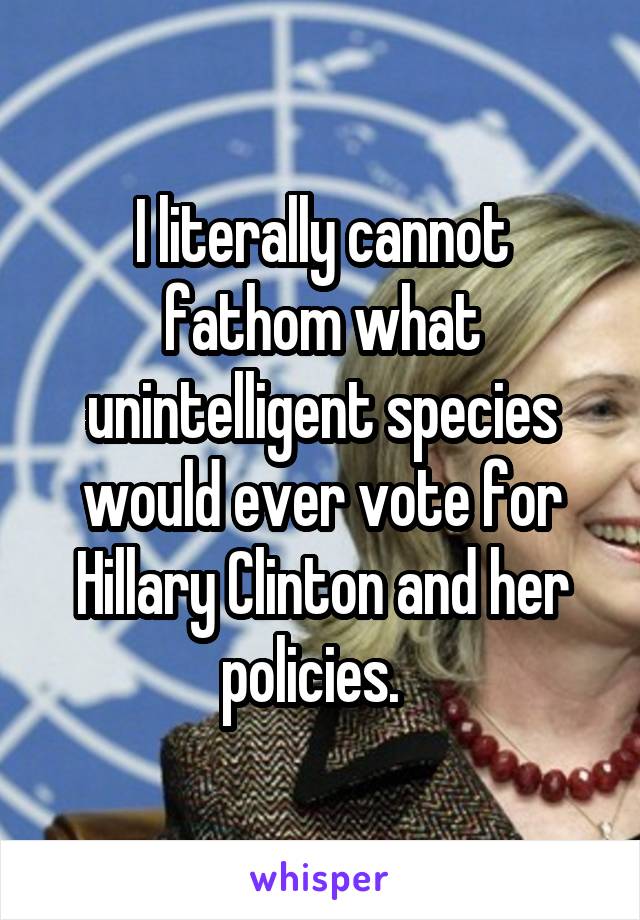 I literally cannot fathom what unintelligent species would ever vote for Hillary Clinton and her policies.  