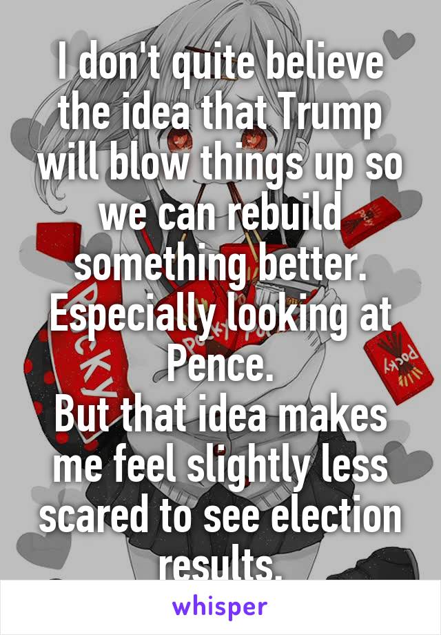 I don't quite believe the idea that Trump will blow things up so we can rebuild something better. Especially looking at Pence.
But that idea makes me feel slightly less scared to see election results.