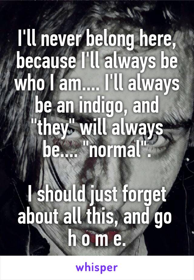 I'll never belong here, because I'll always be who I am.... I'll always be an indigo, and "they" will always be.... "normal".

I should just forget about all this, and go 
h o m e.