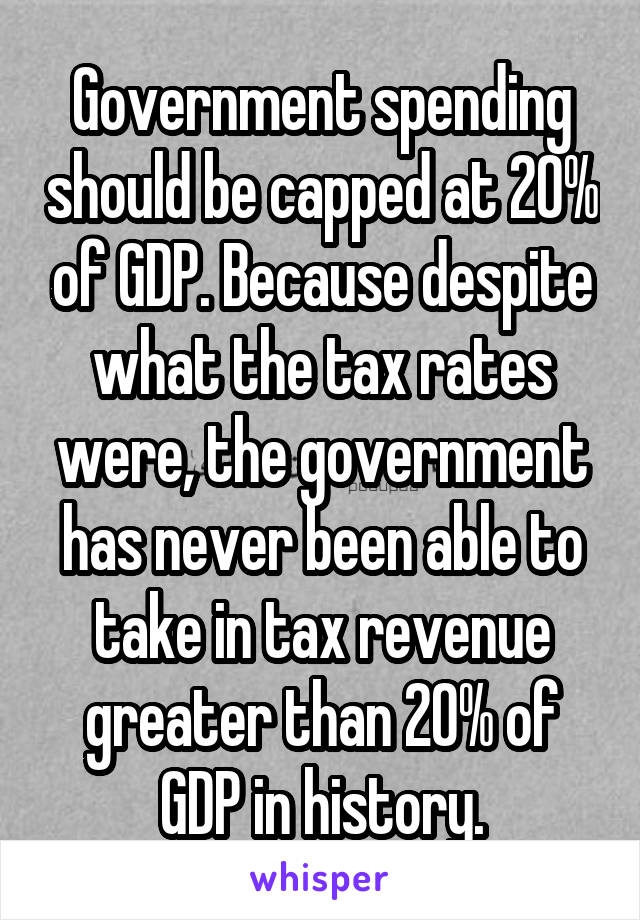 Government spending should be capped at 20% of GDP. Because despite what the tax rates were, the government has never been able to take in tax revenue greater than 20% of GDP in history.