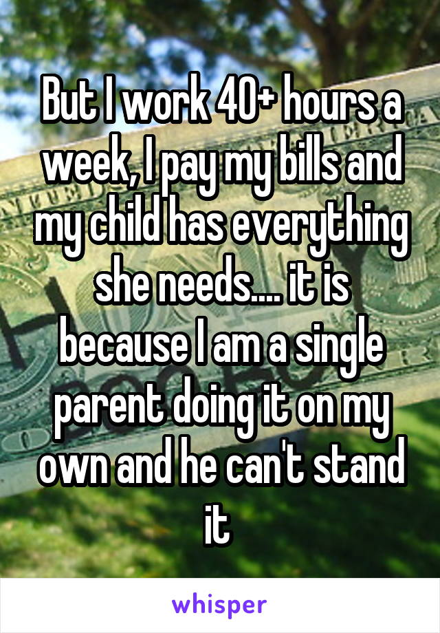 But I work 40+ hours a week, I pay my bills and my child has everything she needs.... it is because I am a single parent doing it on my own and he can't stand it 