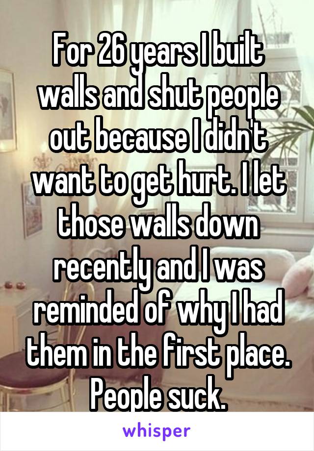 For 26 years I built walls and shut people out because I didn't want to get hurt. I let those walls down recently and I was reminded of why I had them in the first place. People suck.