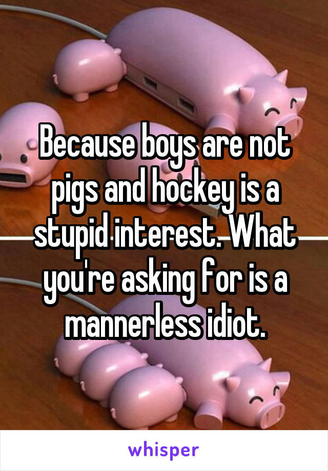 Because boys are not pigs and hockey is a stupid interest. What you're asking for is a mannerless idiot.