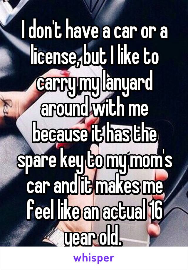 I don't have a car or a license, but I like to carry my lanyard around with me because it has the spare key to my mom's car and it makes me feel like an actual 16 year old. 