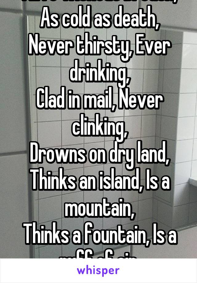 Alive without breath,
As cold as death,
Never thirsty, Ever drinking,
Clad in mail, Never clinking,
Drowns on dry land,
Thinks an island, Is a mountain,
Thinks a fountain, Is a puff of air.
What am I?