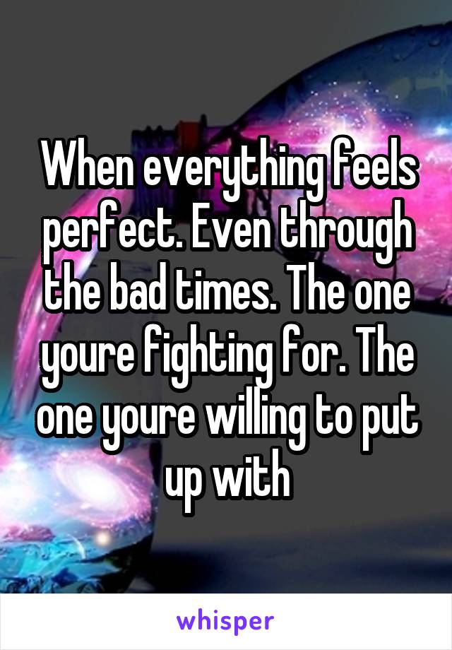 When everything feels perfect. Even through the bad times. The one youre fighting for. The one youre willing to put up with