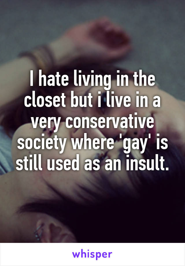 I hate living in the closet but i live in a very conservative society where 'gay' is still used as an insult.
