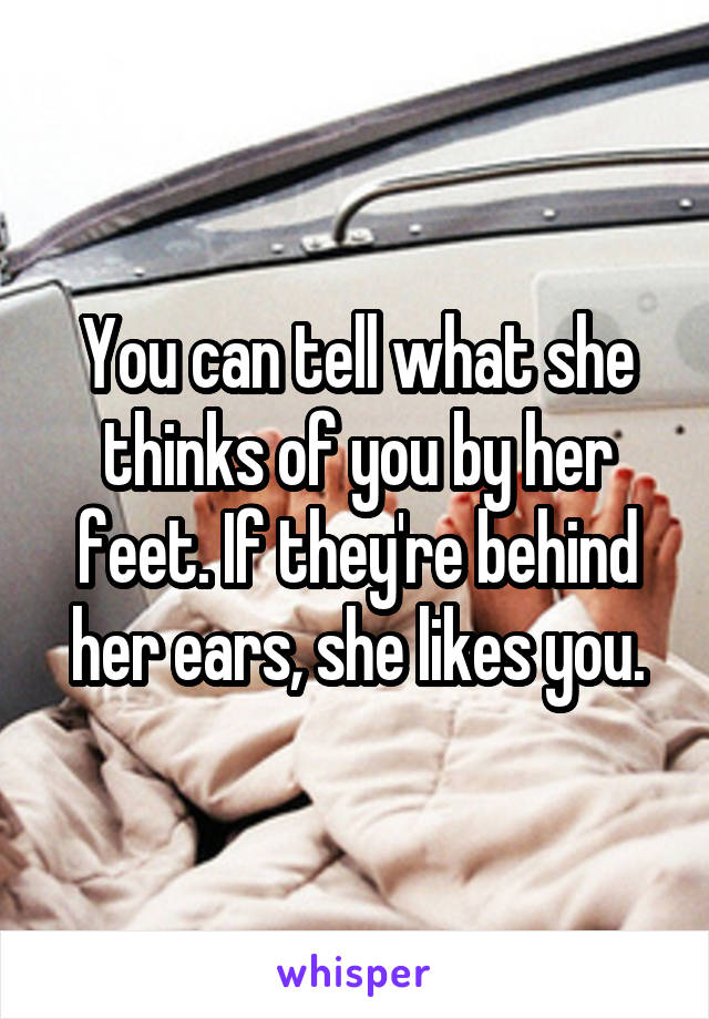 You can tell what she thinks of you by her feet. If they're behind her ears, she likes you.