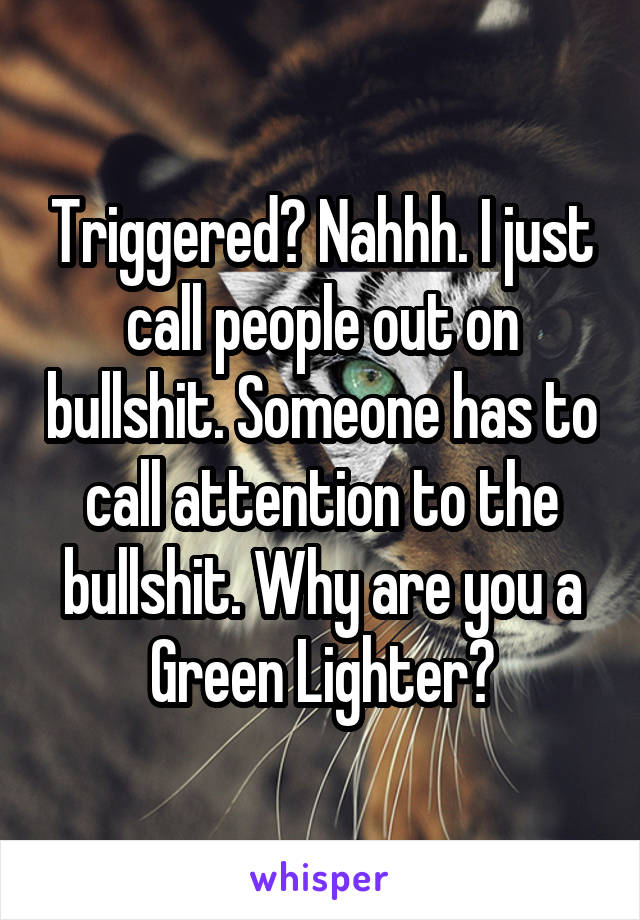 Triggered? Nahhh. I just call people out on bullshit. Someone has to call attention to the bullshit. Why are you a Green Lighter?