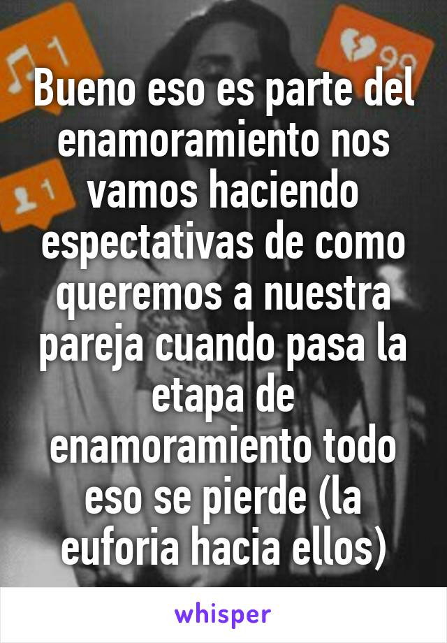 Bueno eso es parte del enamoramiento nos vamos haciendo espectativas de como queremos a nuestra pareja cuando pasa la etapa de enamoramiento todo eso se pierde (la euforia hacia ellos)