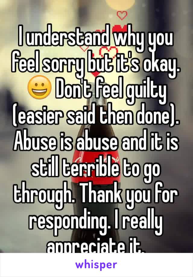 I understand why you feel sorry but it's okay. 😀 Don't feel guilty (easier said then done). Abuse is abuse and it is still terrible to go through. Thank you for responding. I really appreciate it. 