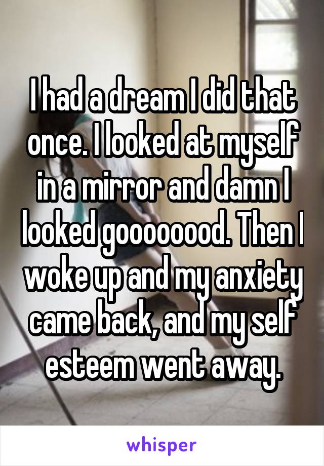 I had a dream I did that once. I looked at myself in a mirror and damn I looked goooooood. Then I woke up and my anxiety came back, and my self esteem went away.