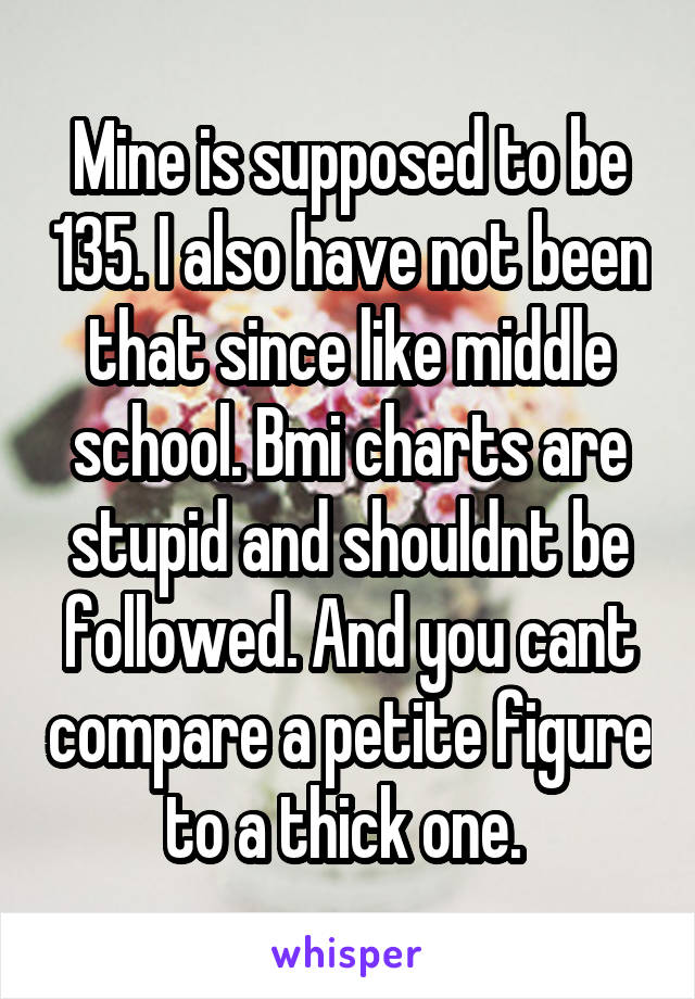 Mine is supposed to be 135. I also have not been that since like middle school. Bmi charts are stupid and shouldnt be followed. And you cant compare a petite figure to a thick one. 