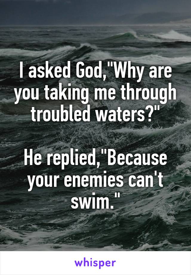 I asked God,"Why are you taking me through troubled waters?"

He replied,"Because your enemies can't swim."