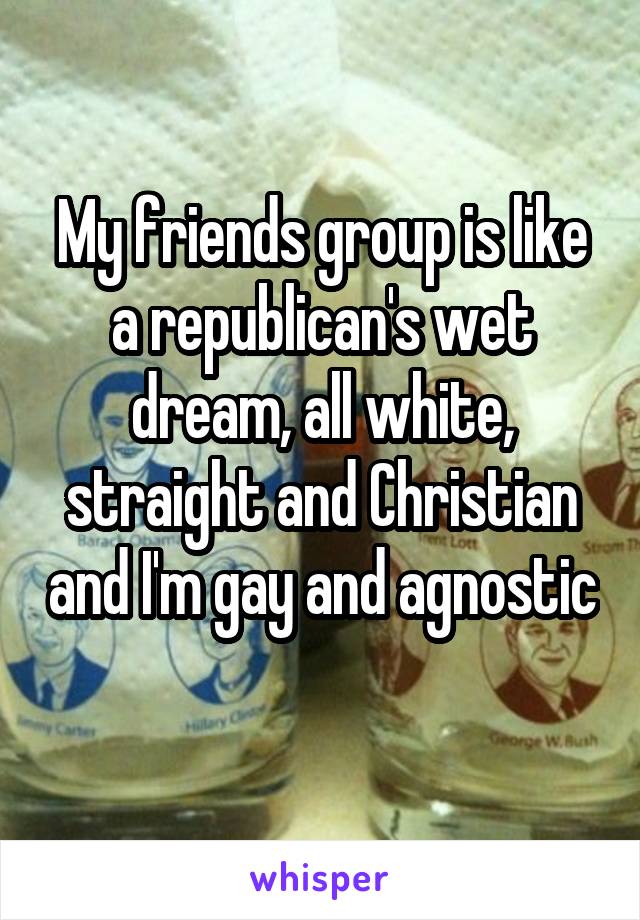 My friends group is like a republican's wet dream, all white, straight and Christian and I'm gay and agnostic 