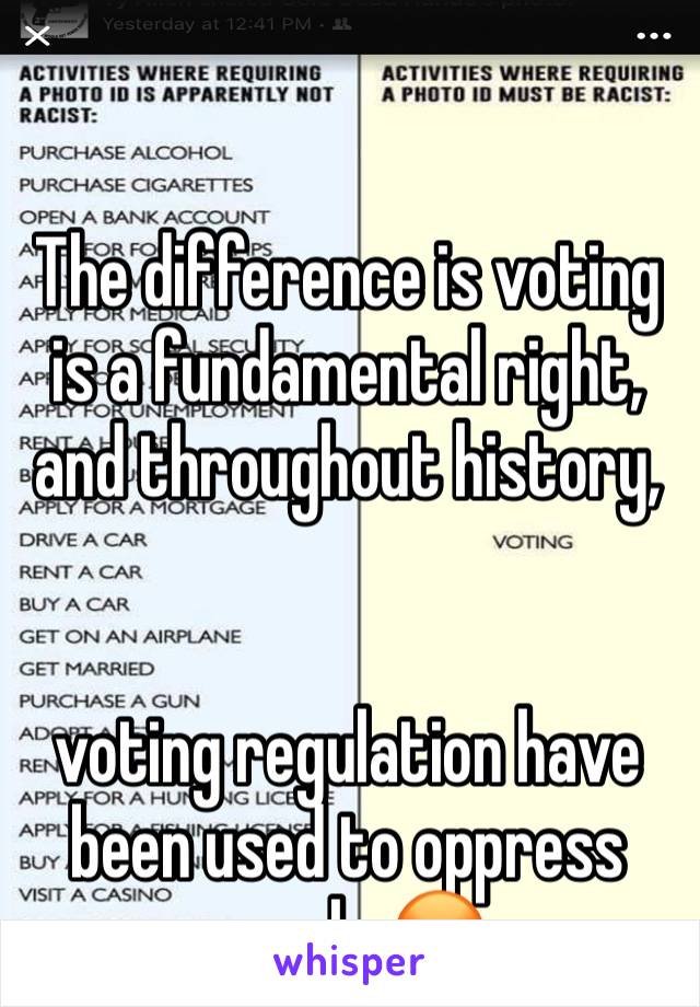 

The difference is voting is a fundamental right, and throughout history, 


voting regulation have been used to oppress people 😡