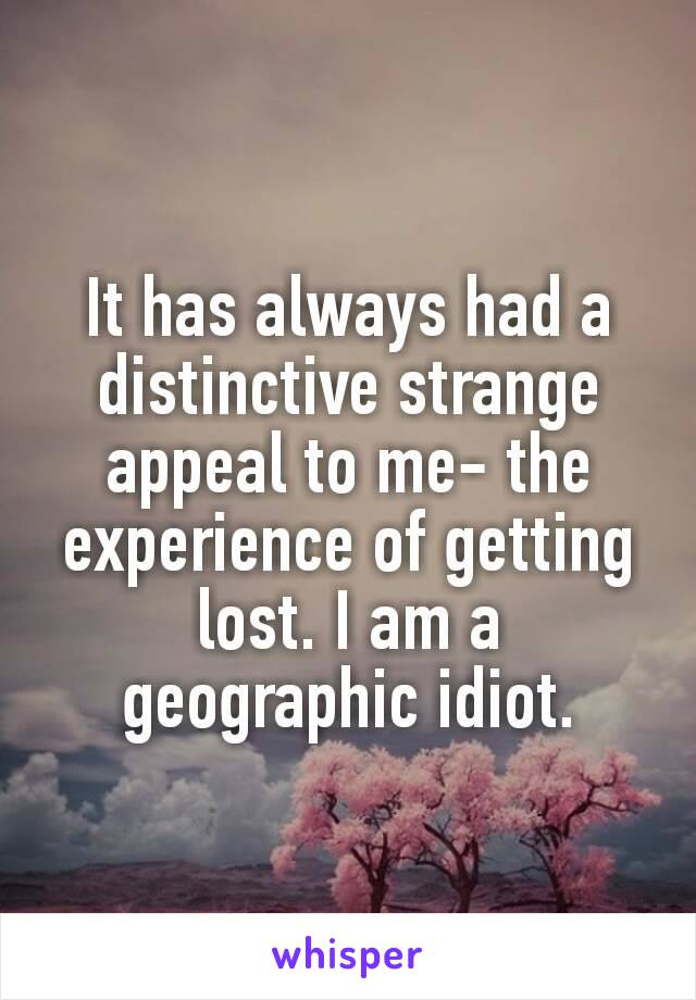 It has always had a distinctive strange appeal to me- the experience of getting lost. I am a geographic idiot.