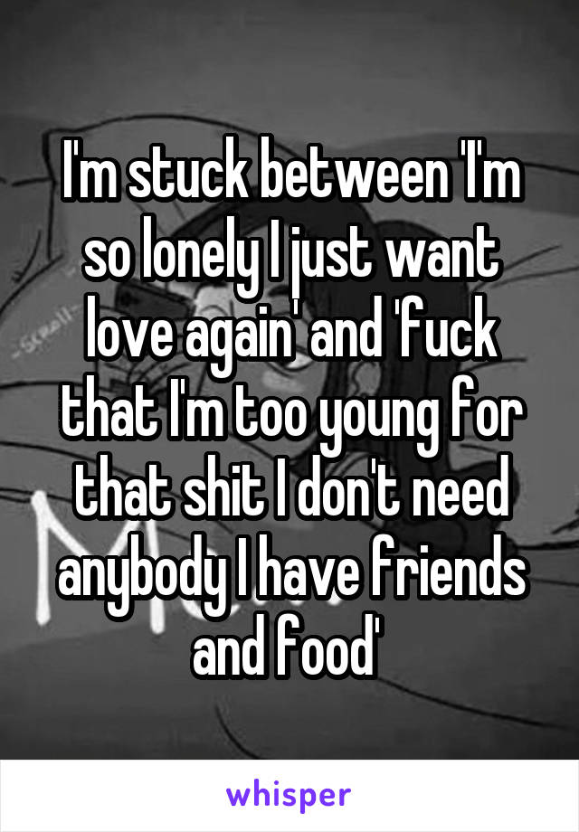 I'm stuck between 'I'm so lonely I just want love again' and 'fuck that I'm too young for that shit I don't need anybody I have friends and food' 
