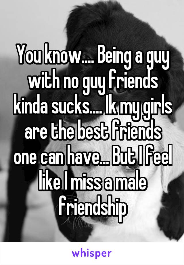 You know.... Being a guy with no guy friends kinda sucks.... Ik my girls are the best friends one can have... But I feel like I miss a male friendship