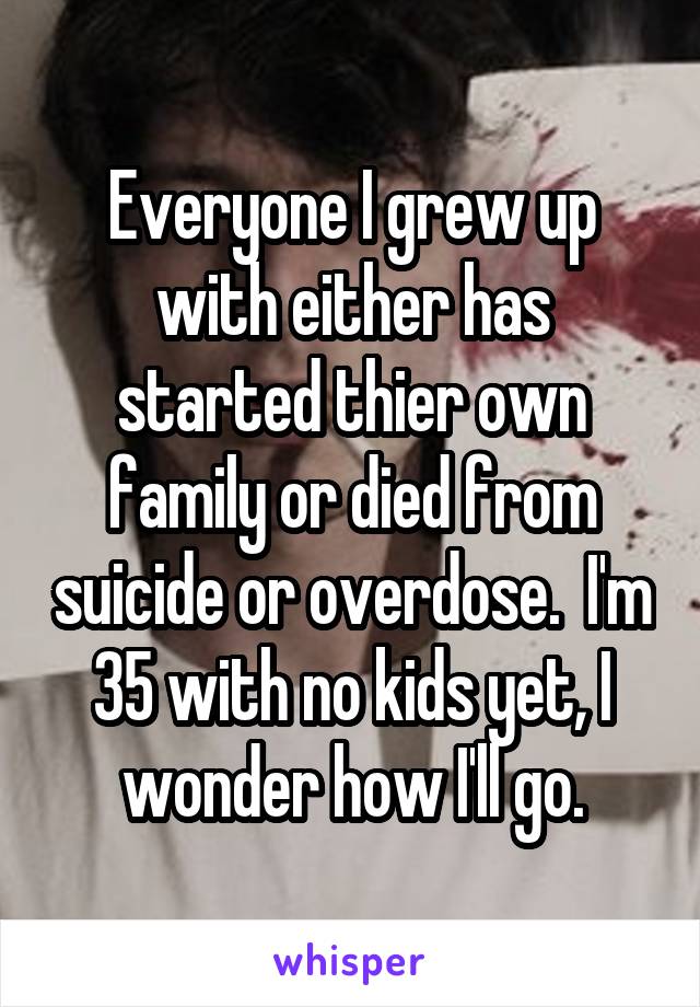Everyone I grew up with either has started thier own family or died from suicide or overdose.  I'm 35 with no kids yet, I wonder how I'll go.